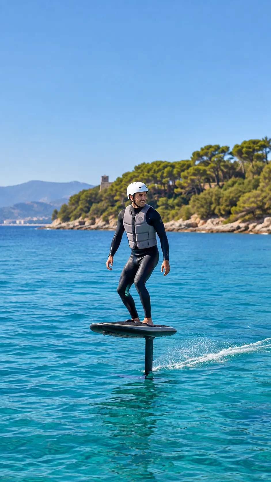 Une personne en eFoil glisse au-dessus de l'eau turquoise, devant une côte boisée