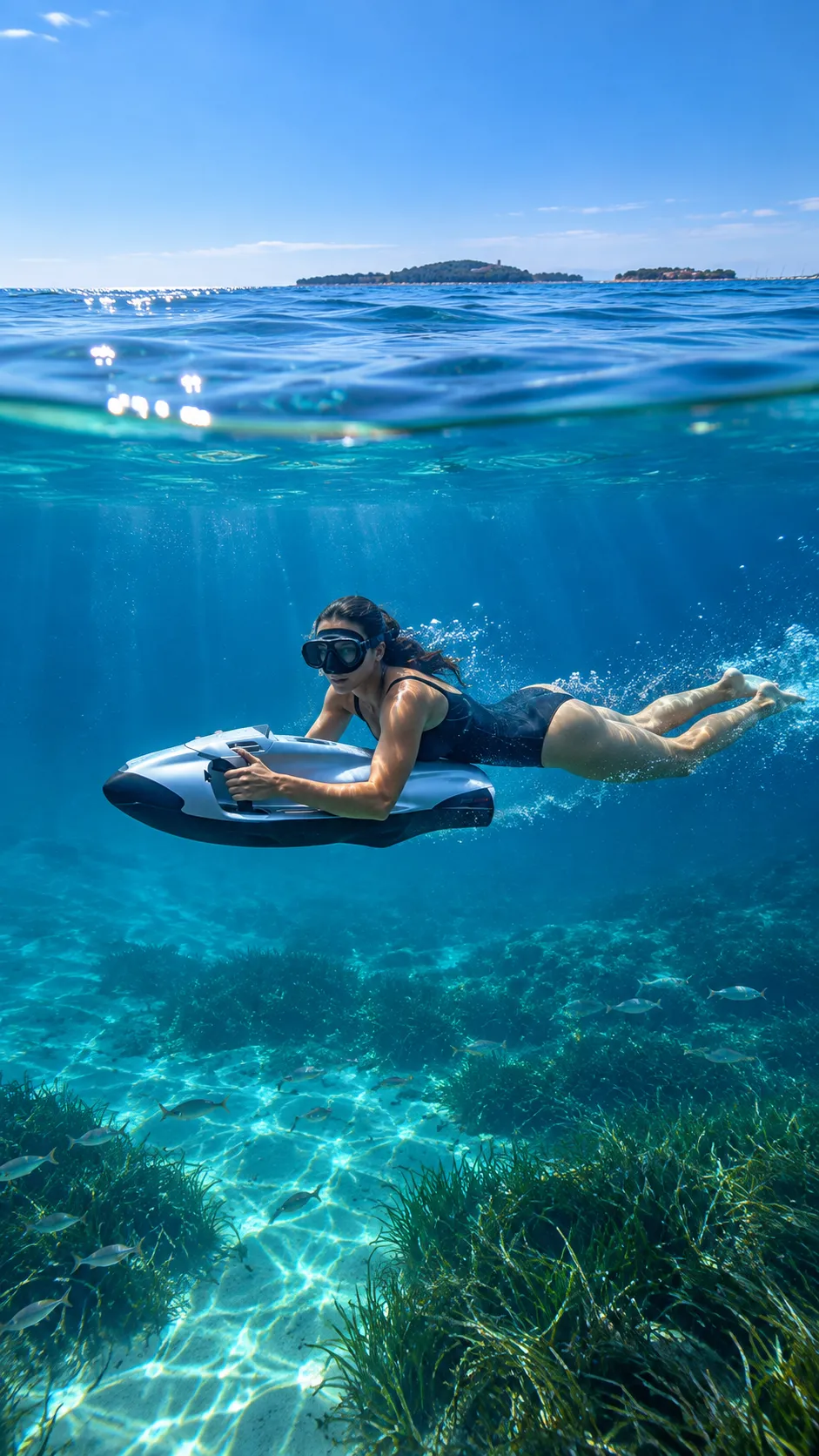 Une nageuse tractée sous l'eau par un scooter sous-marin, au-dessus des herbiers