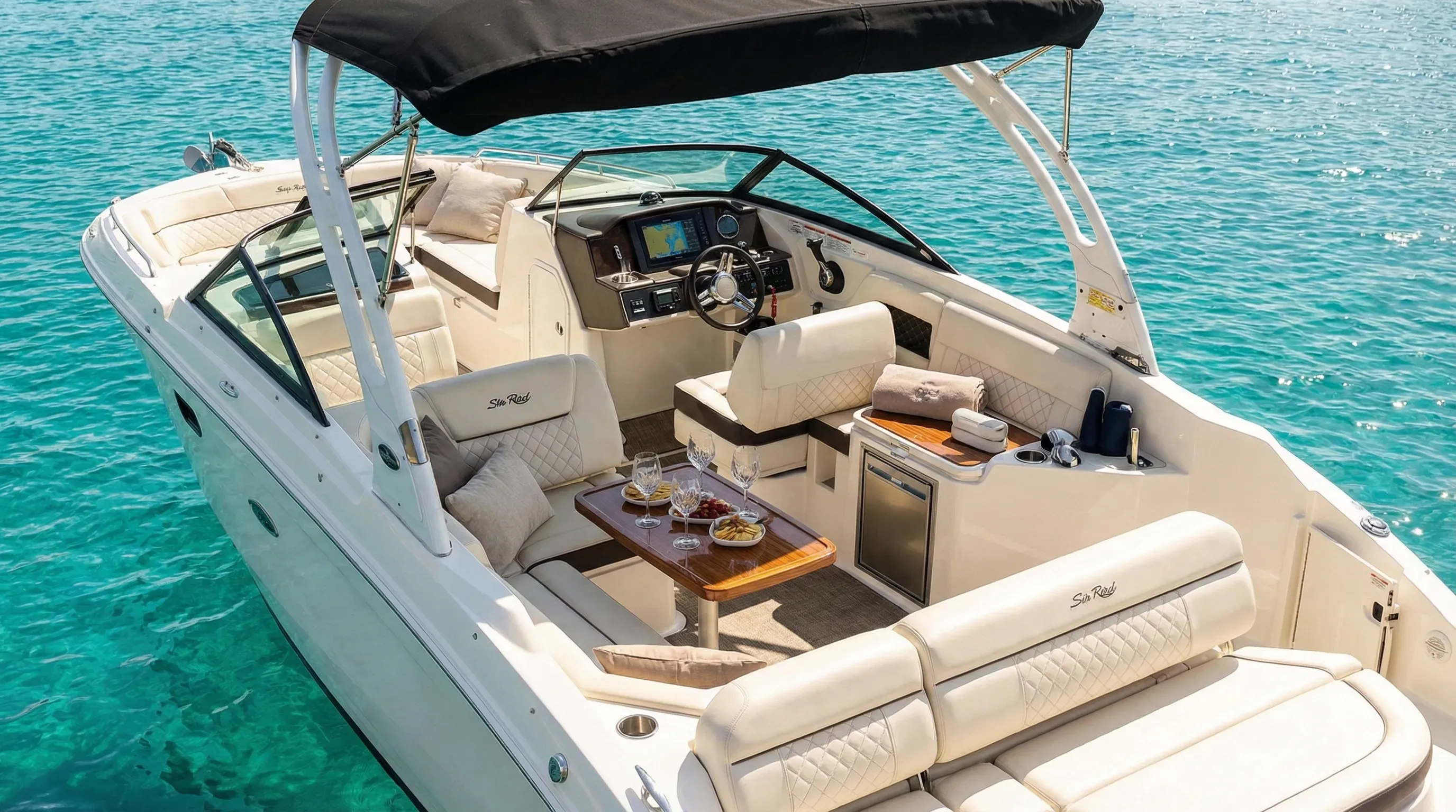 Table dressée avec coupes et apéritif dans le cockpit du Sea Ray SDX 270
